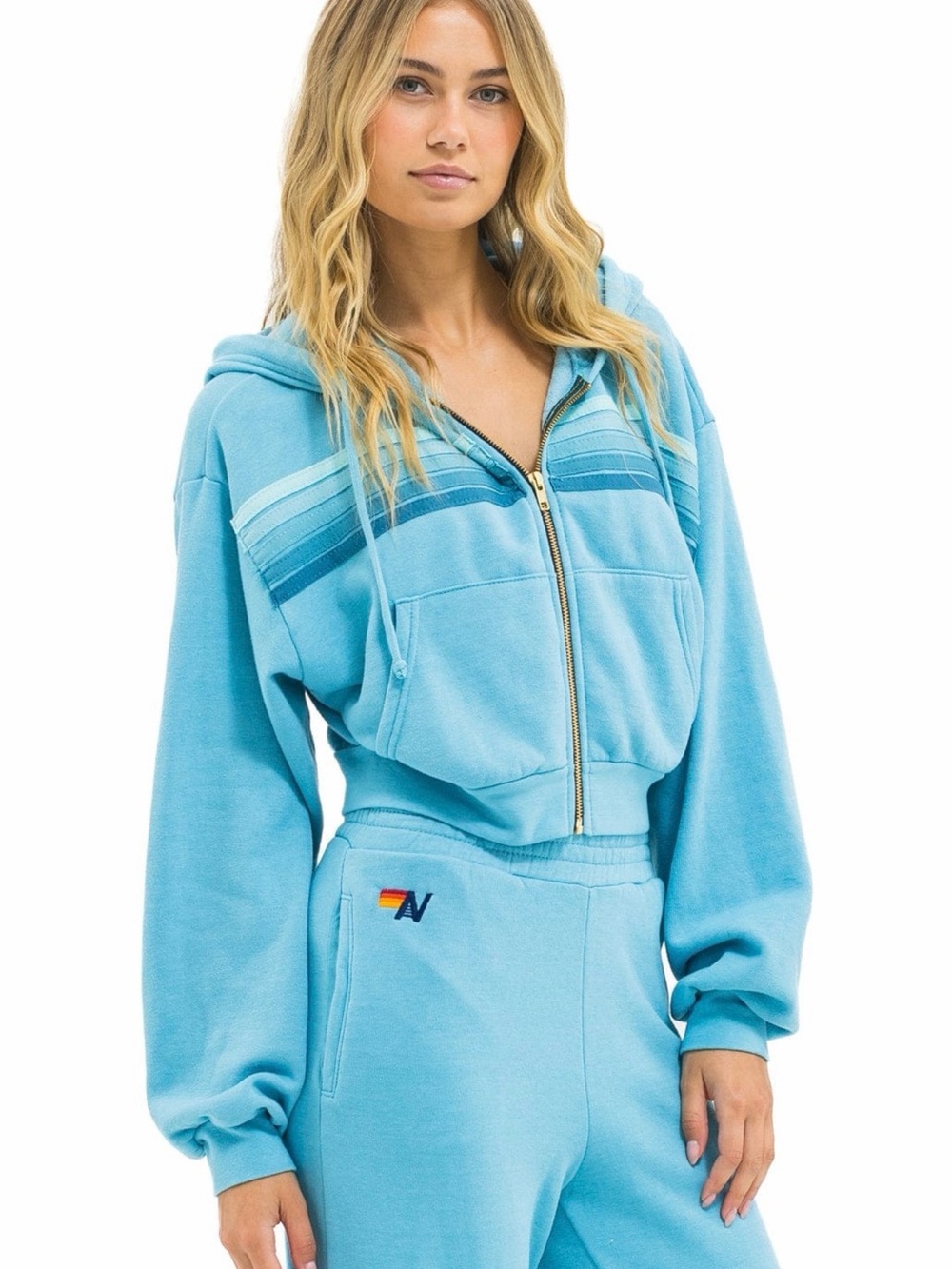 Aviator Nation 5 Stripe Cropped Full-zip Hoodie in Aqua - NWT - Picture 2 of 5